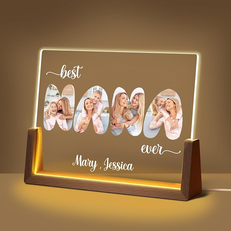 Personalized Mothers Day Unique Gifts for Mom Wife, Mom Gifts from Daughter Son Husband, Custom Acrylic Night Light Picture Frame with Photo Name,