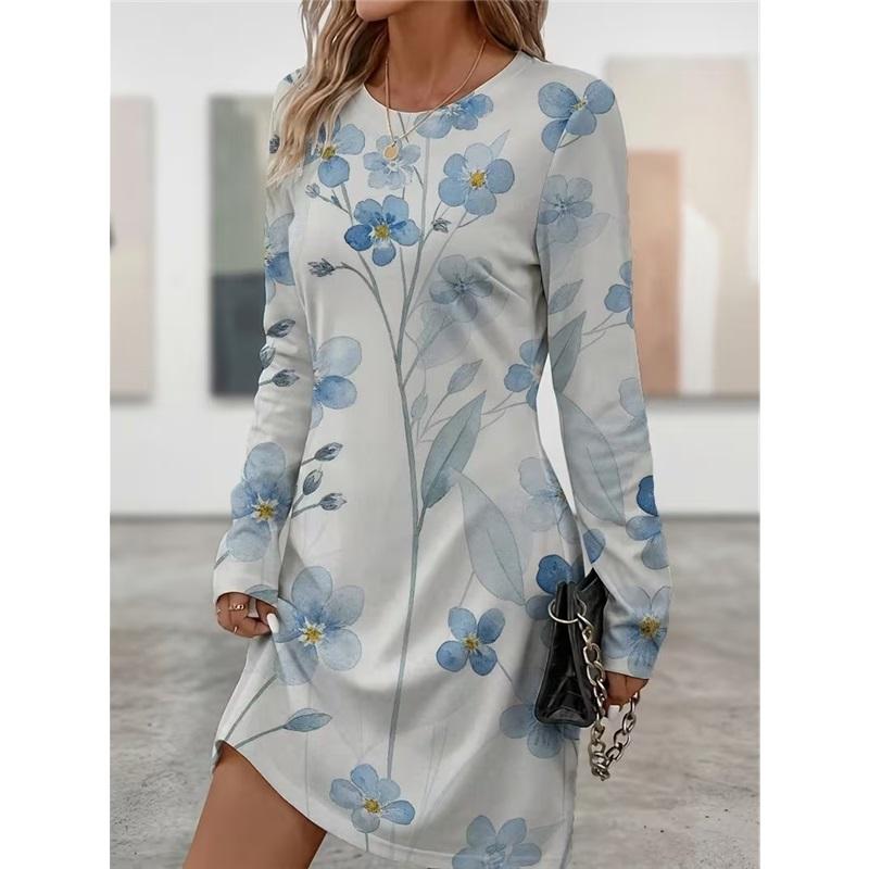 Spring Autumn Women Dress Casual Long Sleeve O-neck 3D Print Loose A-Line Dress Oversized Home Wear Robe