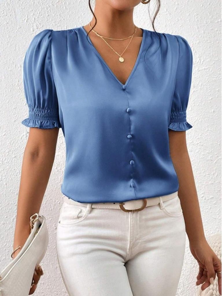 New Satin V-neck Button-up Ruffle Blouse - Spring/Summer Casual Short Sleeve French Style
