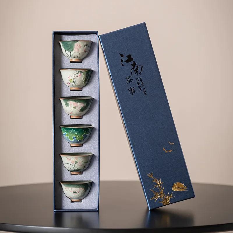 

6 Cups and 1 Set of Ge Yao Tea Cups Hand-painted Flowers Kung Fu Tea Sets Ceramic Master Cup Sets Business Gifts