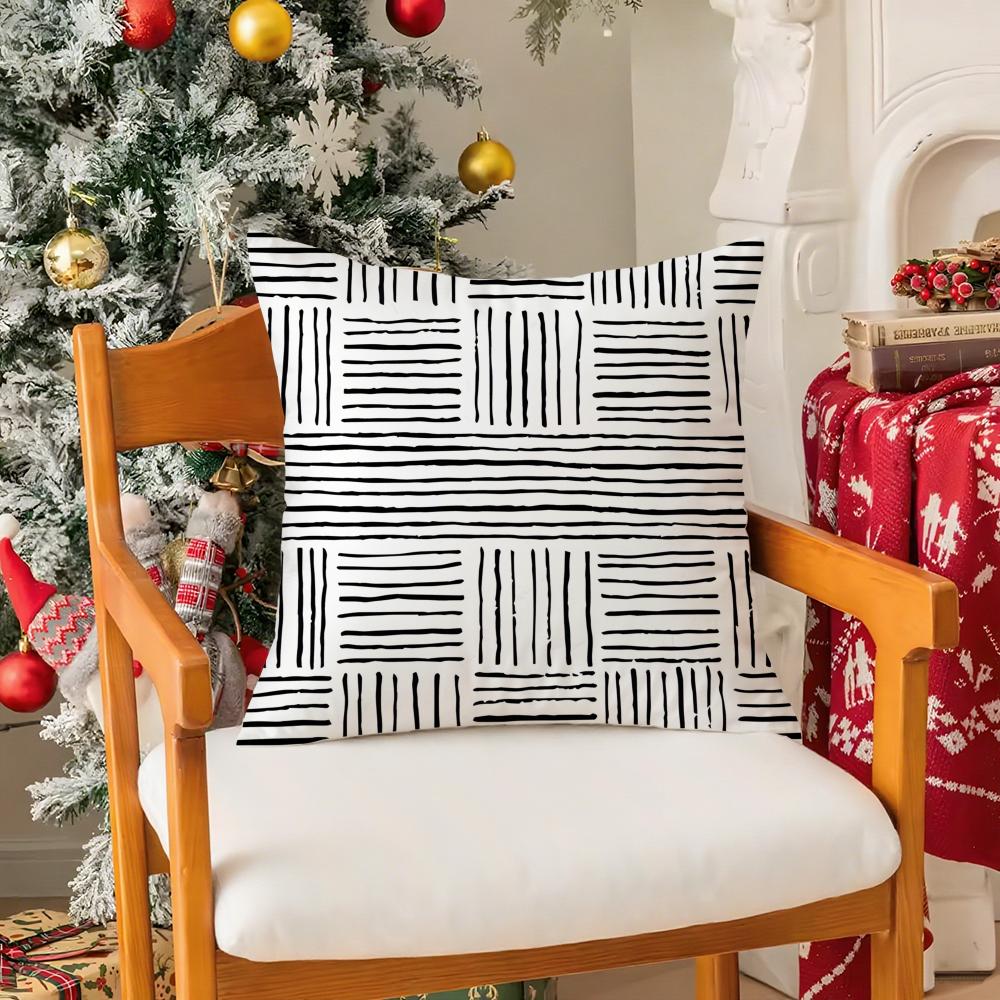 Black White Striped Geometric Rectangle Silky Short Plush with Invisible Zipper Dustproof Sofa Cushion Cover for Home Decor
