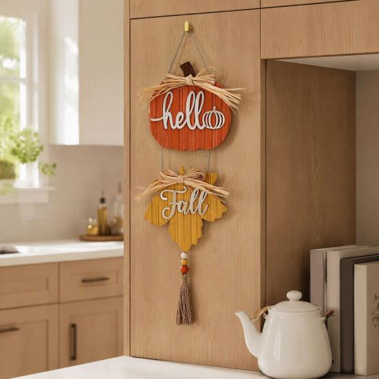 Thanksgiving Party Wall Hanging Hello Fall Wooden Sign, Pumpkin Maple Leaf Door Hanger with Festive Tabletop Decor Tassel, Autumn Harvest Decor,