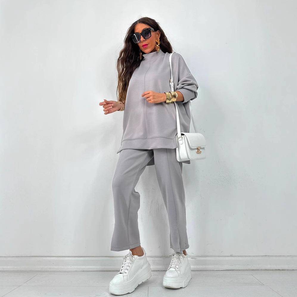 Europe, America, cross-border women's clothing 2025 autumn and winter new fashion casual suit solid color long-sleeved trousers split two-piece set