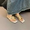 2025 new square-headed open-toed flip-flops wear versatile toe casual flat-bottom metal buckle niche sandals summer
