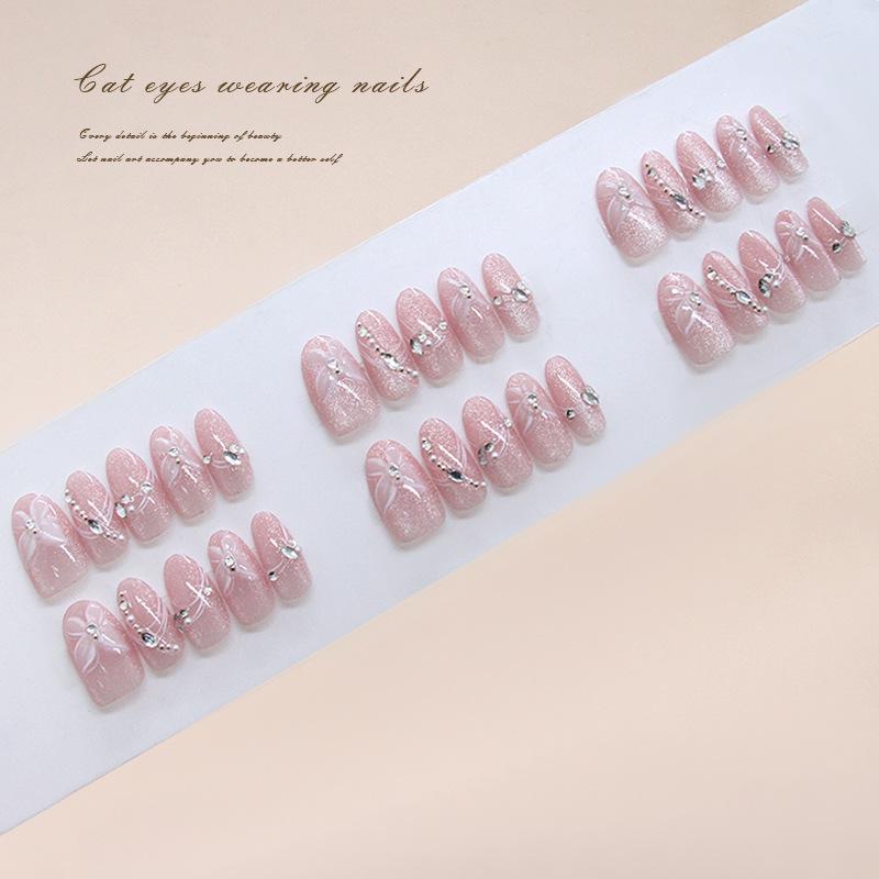 Handmade Prefabricated Nail Three-dimensional Ice Transparent Flash Diamond Butterfly Cat Eye European and American Style Removable Nail Art 