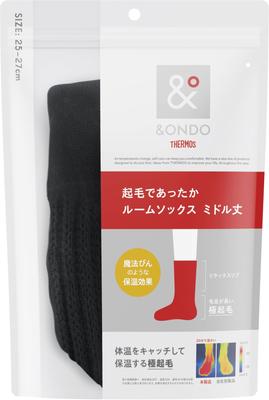 Thermos Warm Fleece Room Sizes Thermal Cold Winter Warm Socks &ONDO Socks, Mid-Length, 25-27cm, Black, Thermos-Like Insulation, Protection, Warmth,