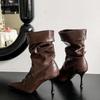 Fashion 2025 Red White Design Sexy Pleated Pointed Toe Zipper Women Ankle Boots Fashion Thin High Heels Stripper Modern Booties Shoes