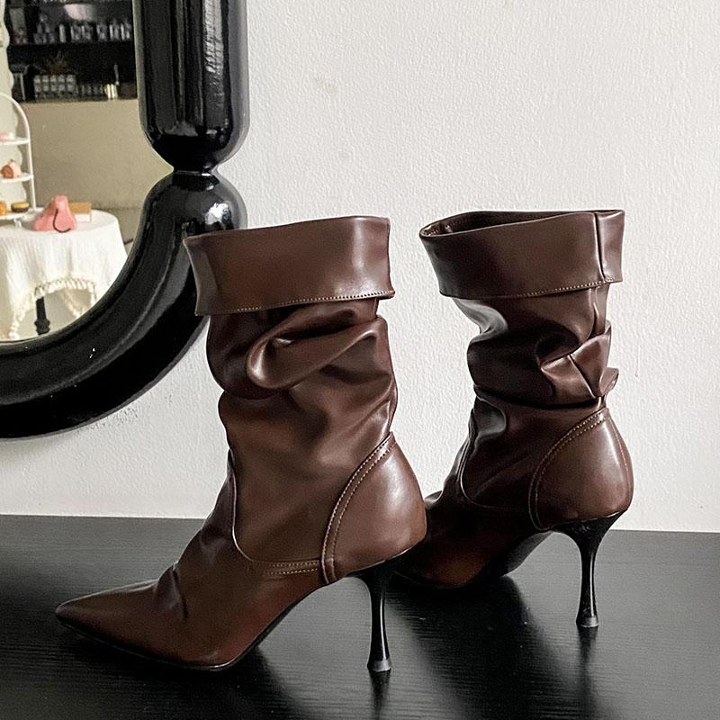 Fashion 2025 Red White Design Sexy Pleated Pointed Toe Zipper Women Ankle Boots Fashion Thin High Heels Stripper Modern Booties Shoes