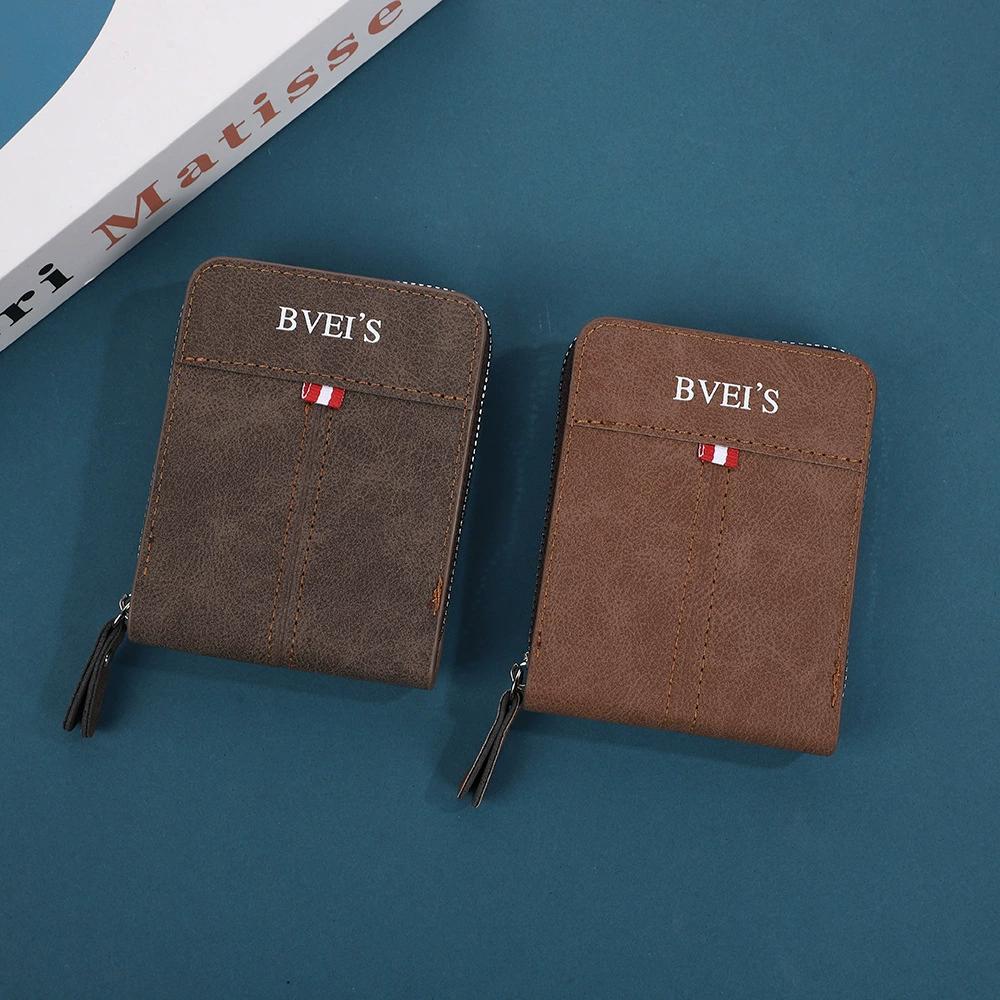 Men's Short Wallet Card Holder Zipper 3 Fold Purse Leather Money Clip Retro Casual Buckle Square Bag