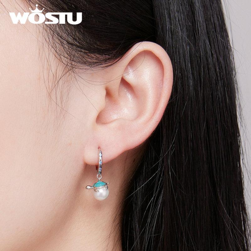 WOSTU 925 Sterling Silver Green Turtle White Pearl Drop Dangle Earrings For Women Summer Beach Jewelry Gift