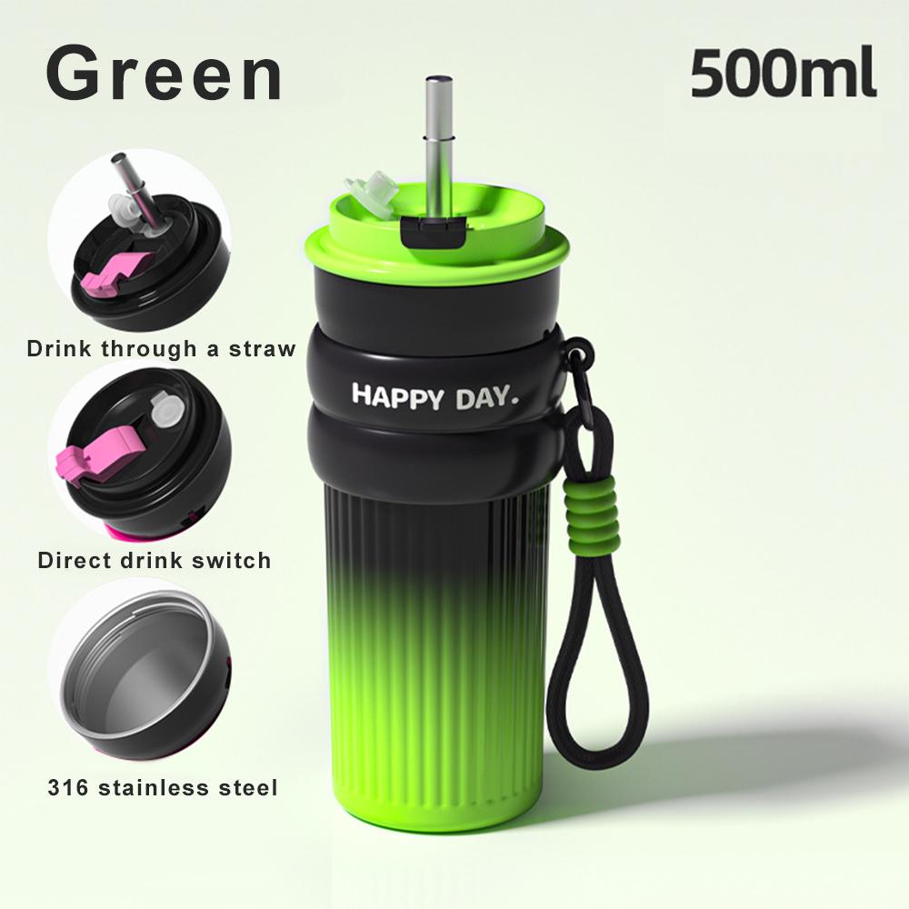500ML Coffee Cup With Straw Stainless Steel Thermos Coffee Mug With Rope Thermo Bottle For Girls Vacuum Flasks Travel Mug Gifts
