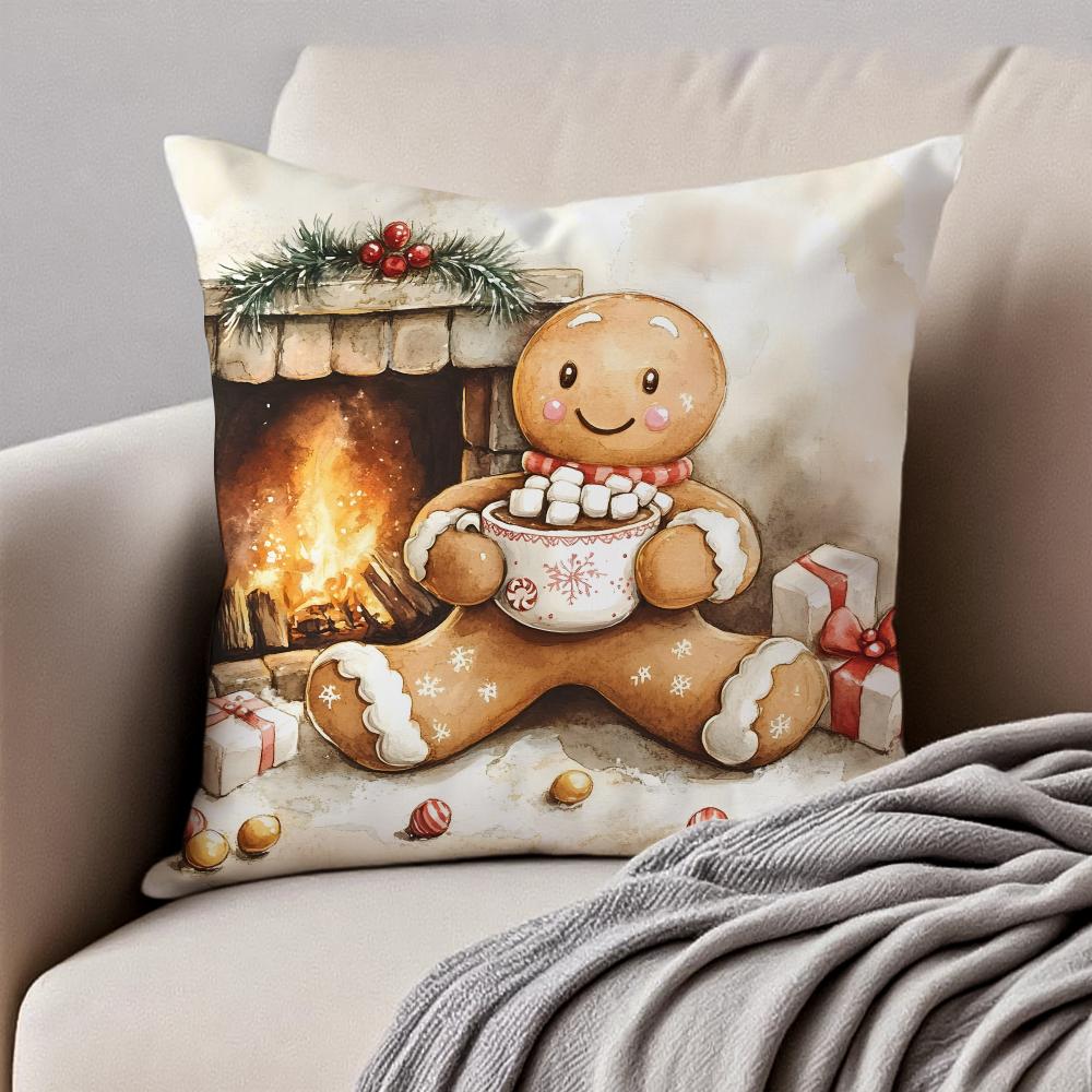 Christmas Gingerbread Man Fun Holiday Cushion Cover Pillowcase Antidustmite Invisible Zipper Short Plush Sofa Cushion