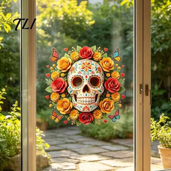 Reusable Floral Skull Stickers Day of The Dead Flower Static Sticker, Colorful Mexican Glass Sugar Halloween Decal, Waterproof PVC Removable Cling for