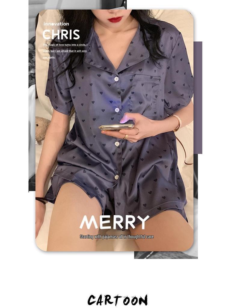 Women's Summer Short Sleeve All-Over Print Heart Ice Silk Pajama Set - Sweet & Wearable Outside