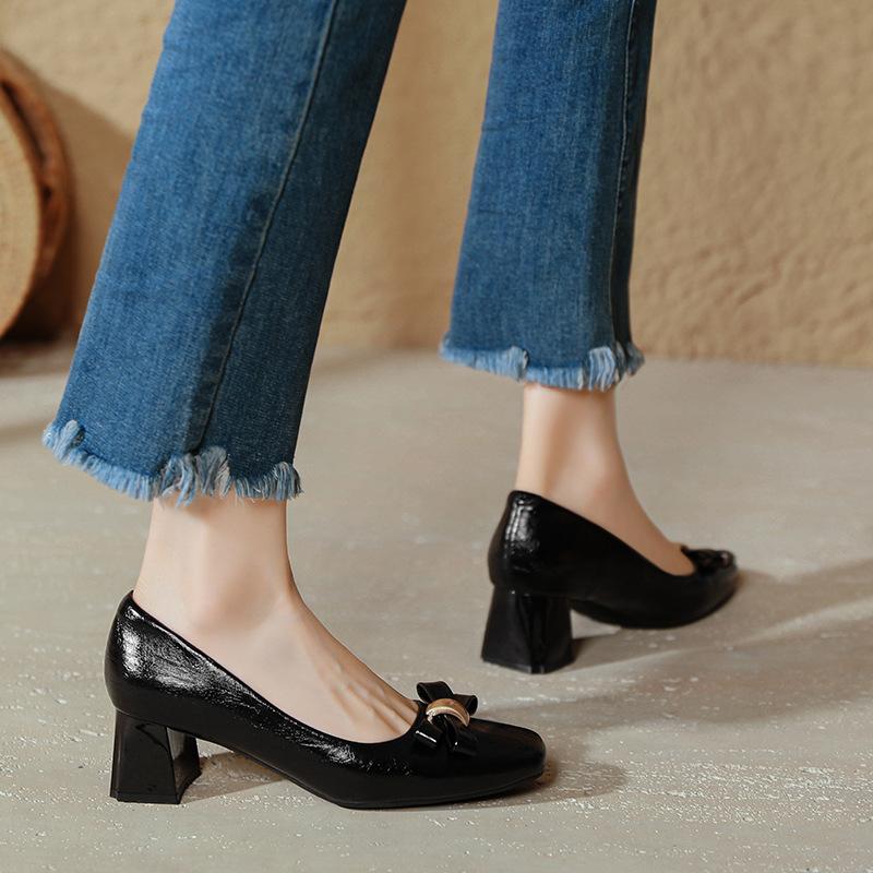 Square head high heels thick heel shallow mouth single shoes 2025 spring new large size women's shoes bow French medium heel shoes
