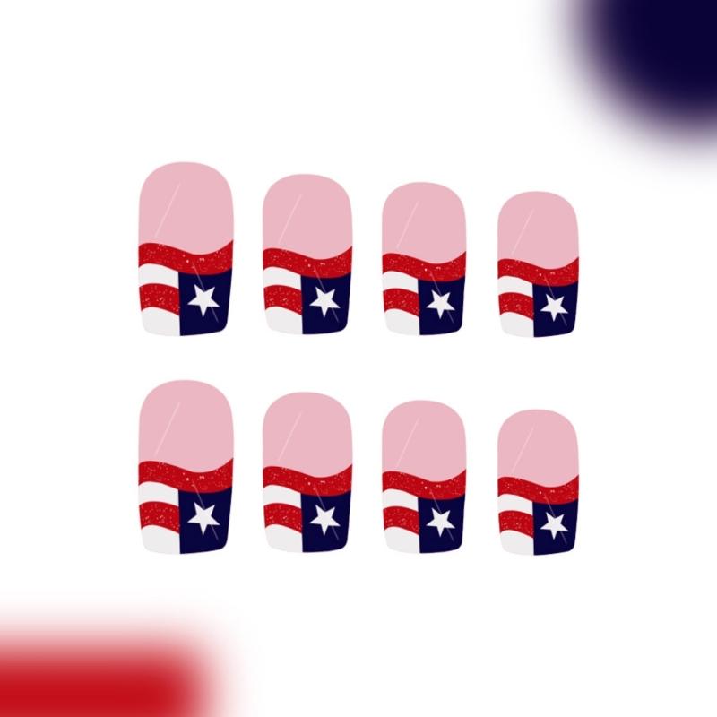 24 Pcs Independence Day False Nail Short Press On Nail French Tip Acrylic Nail 4th of July Full Cover Stick on Nail