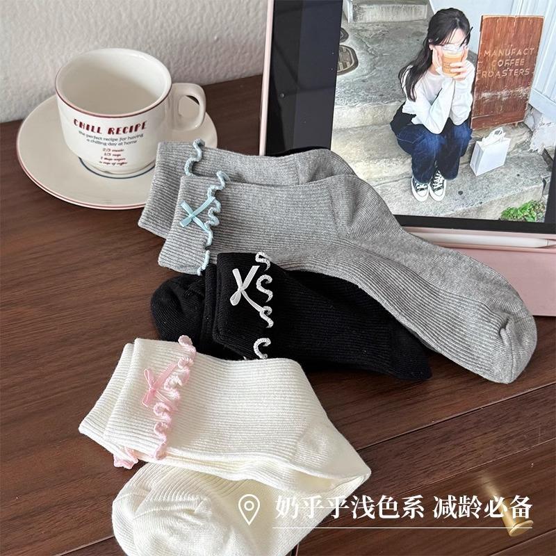 2025 New Japanese and Korean Style Women's Casual Socks Summer Cotton Thin Sweet Bow Lettuce Edge Round Neck Socks