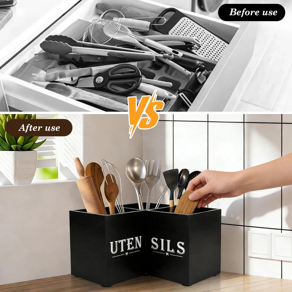 Kitchen Utensil Holder Wood Corner Utensil Caddy with 3 Compartments Vintage Countertop Storage Rack for Home Kitchen Decoration