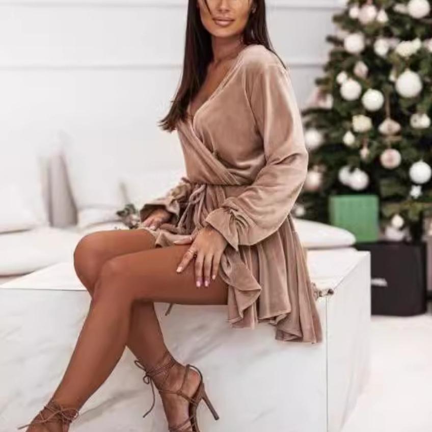 

Бархатное платье IHUASU со шнуровкой и длинными рукавами и роговыми рукавами XXL абрикосовый