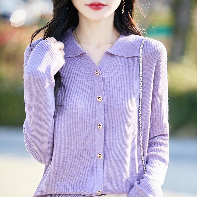 Solid Color Women's Polo Collar Knit Cardigan - Chic Fashionable Outerwear for Spring/Summer/Autumn 2026.