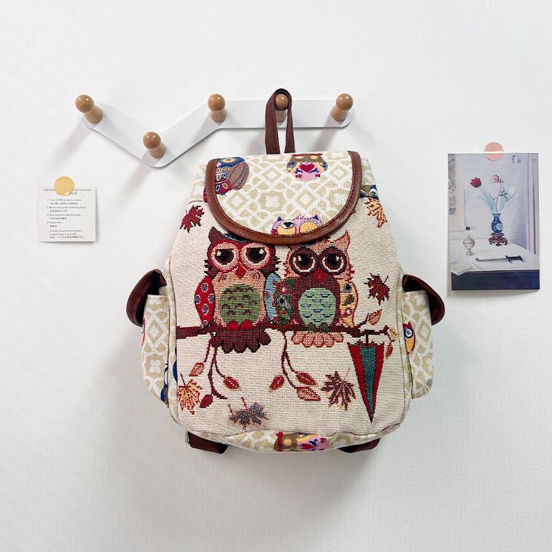 Owl Canvas Backpack With Drawstring Closure For Casual Daily Use