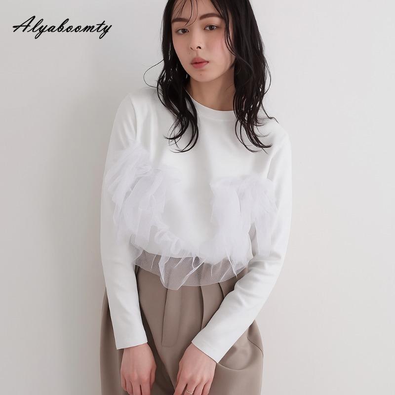 Korean Ulzzang Spring Autumn Women Streetwear Top O Neck White Gray Black Ruffles Patchwork T-Shirt Stylish Feminine Ladies' Tee