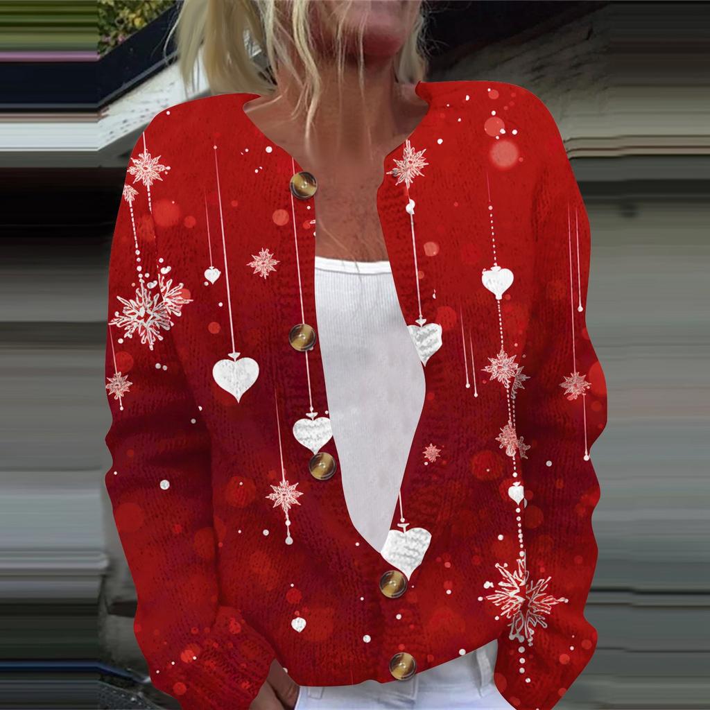 Women's Fashion Valentine's Day Heart Printed Long Sleeve Knitted Cardigan Button Jacket