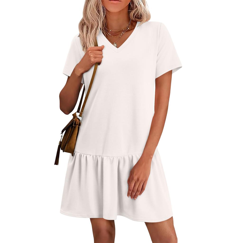 Women Short Sleeve V Neck Ruffle Hem Casual Loose Fit Mini Dress Soft Fabric Simple Style Summer Dress