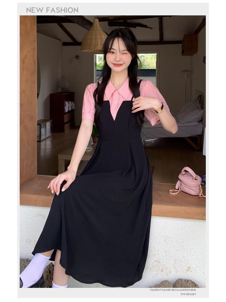 Plus Size Faux Two-Piece Spliced Design Slimming Little Black Dress for a Flattering Summer Look