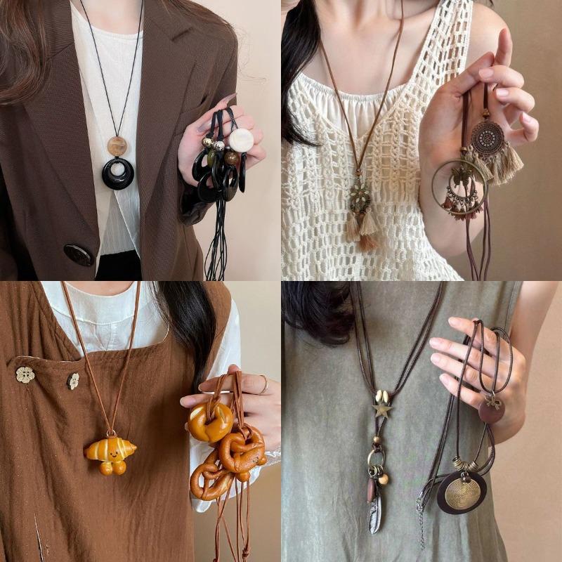 New Chinese leather pendant, fringed necklace, female ethnic style, niche retro sweater chain, fashion and high-end item jewelry.