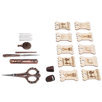 Vintage Stickschere-Set Antike Nähscheren Nadeln Aufwickelbretter Fingerhut Ahle Einfädler Fadenabschneider mit Aufbewahrungsbox