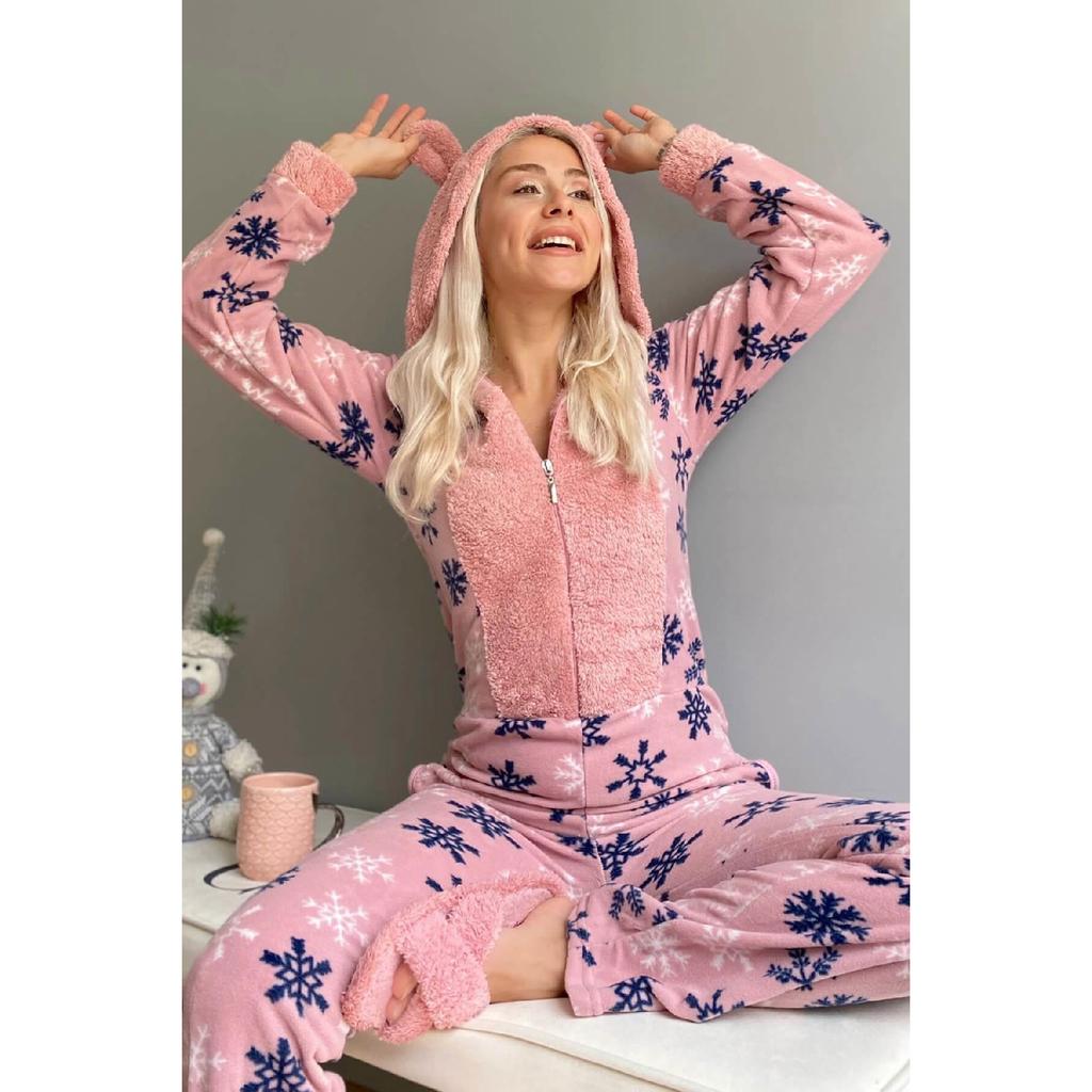 Dámské plyšové overalové pyžamo se vzorem červené sněhové vločky