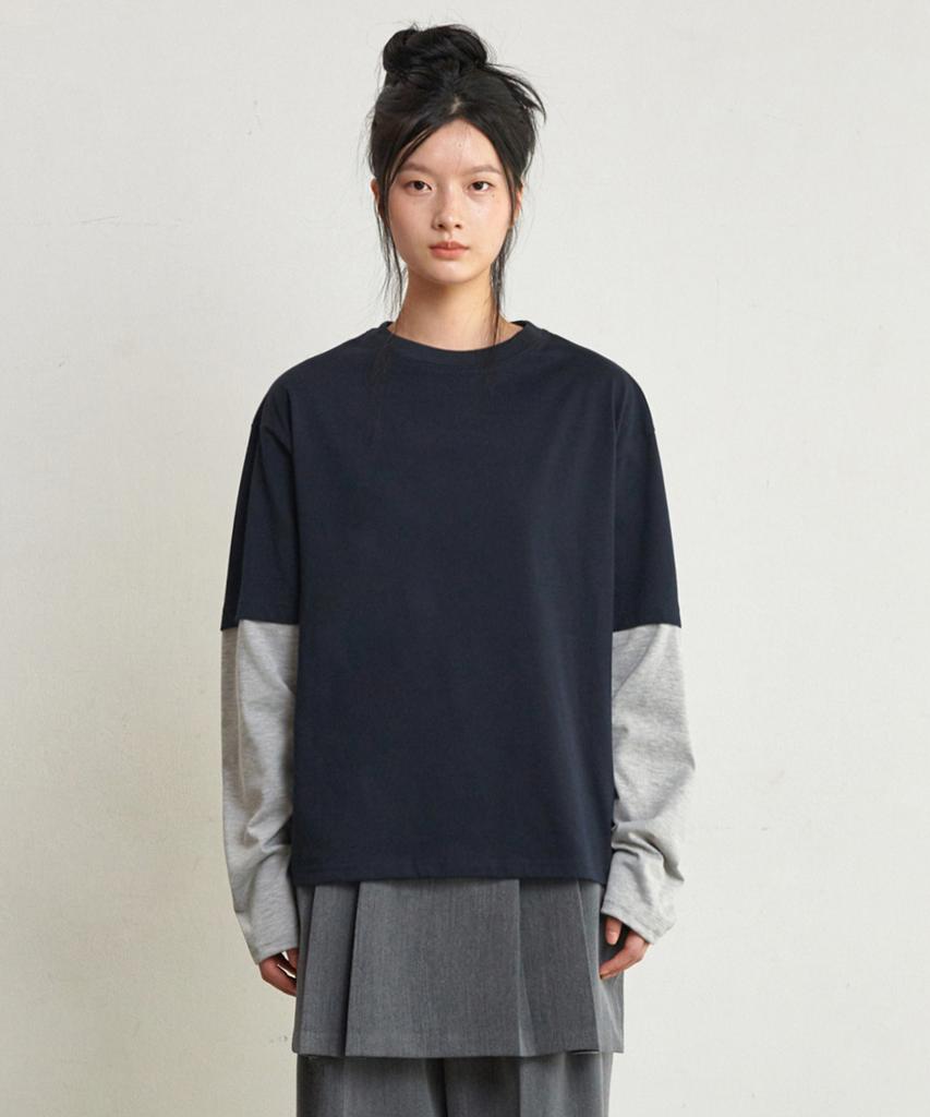 GLW [Unisex] Layered Two-Tone Long Sleeve Tee Navy