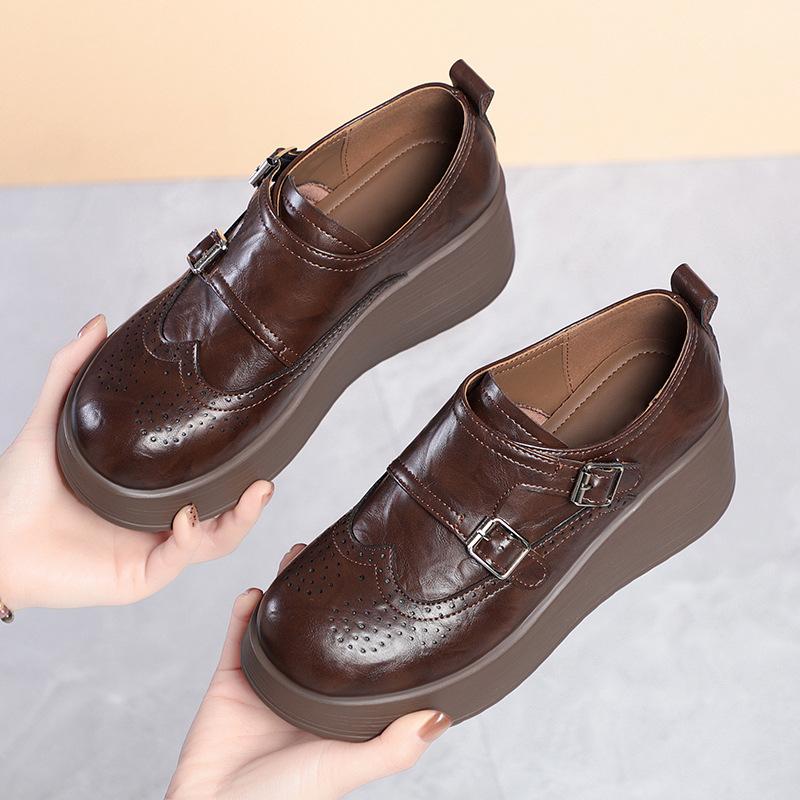 Chaussures compensées plateforme marron Double boucle Détails brogues Semelle épaisse confortable Antidérapantes Élégantes Chaussures de ville pour un usage quotidien