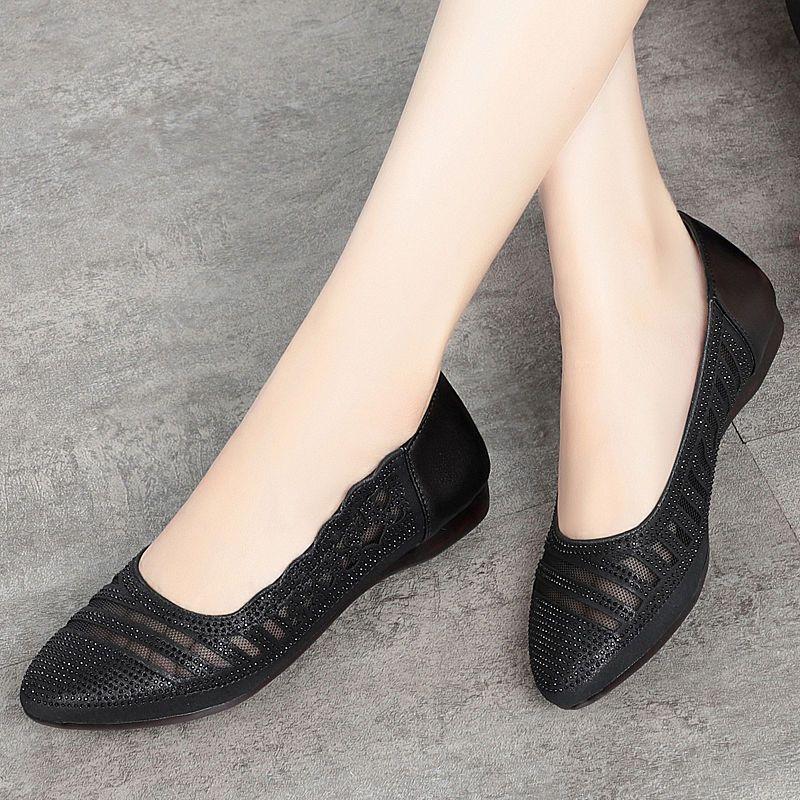 Scarpe da Donna in Morbida Pelle Scarpe da Donna a Punta con Strass e Rete a Bocca Bassa con Suola Morbida e Tacco Basso Sandali Calzature