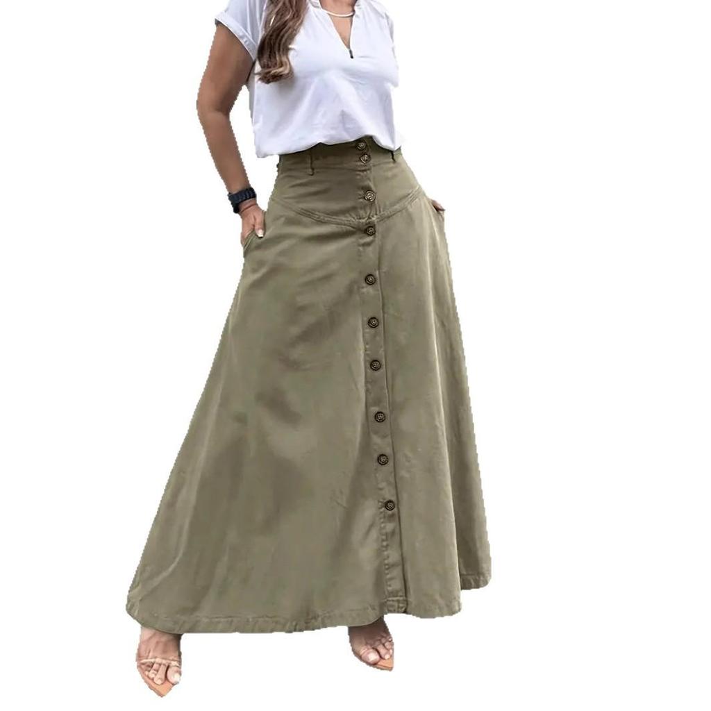 Women's Elegant High-Waisted A-line Skirt with Buttoned Front Slit and Pockets