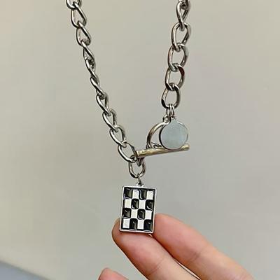 Women's Daily Black Silver Check Square Chain Necklace