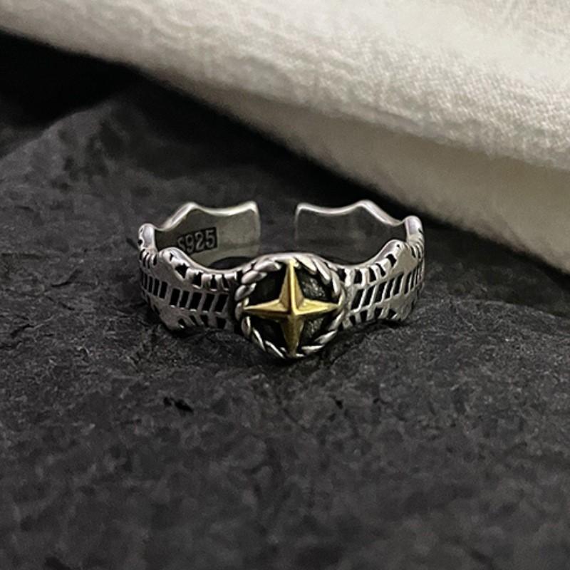 Adjustable Open Ring Men Women Sterling Vintage Geometric Band With Starburst Motif