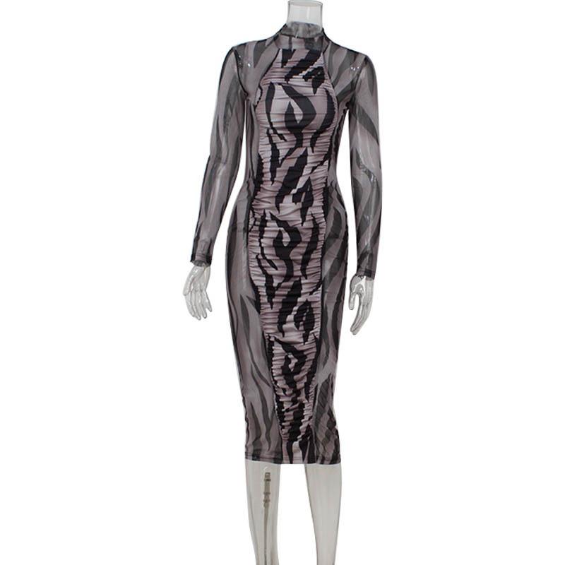 Women's Fashion Print Pleated Sexy Mesh See-through Long Sleeve Slim Dress
