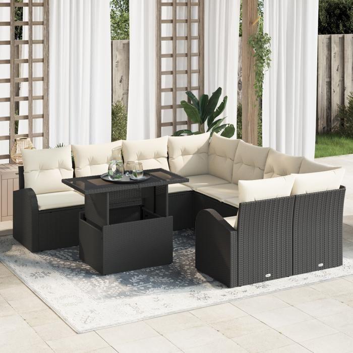 VidaXL Ensemble de Canapés de Jardin de 9 Pièces avec Coussins Noir Poly Rattan 3348613