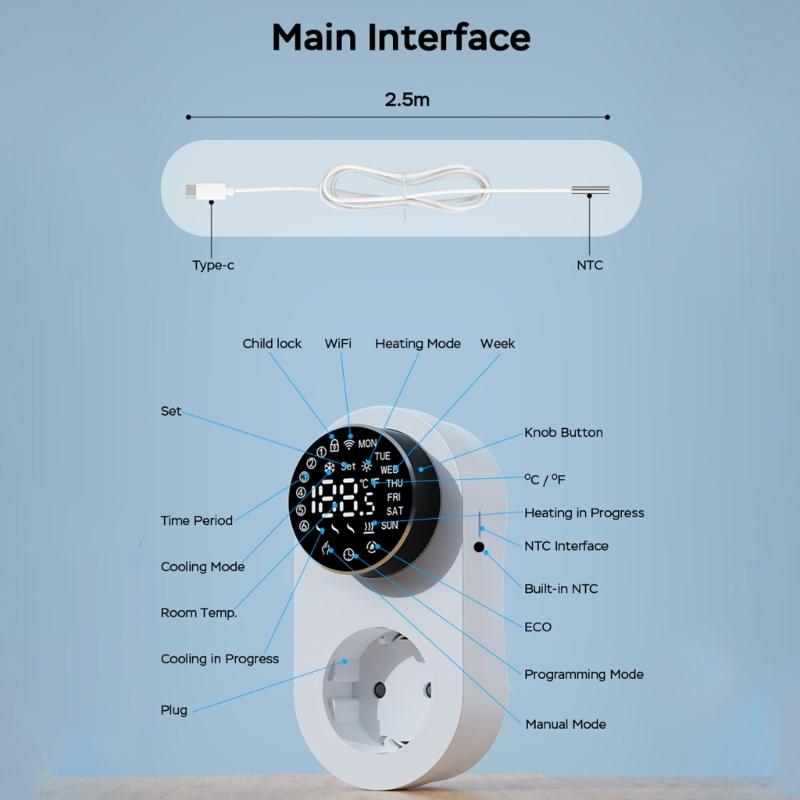 Thermostat, Programmable WiFi Smart thermostat socket, 1800W Digital Display, Rotary APP Controlled Temperature Control Socket