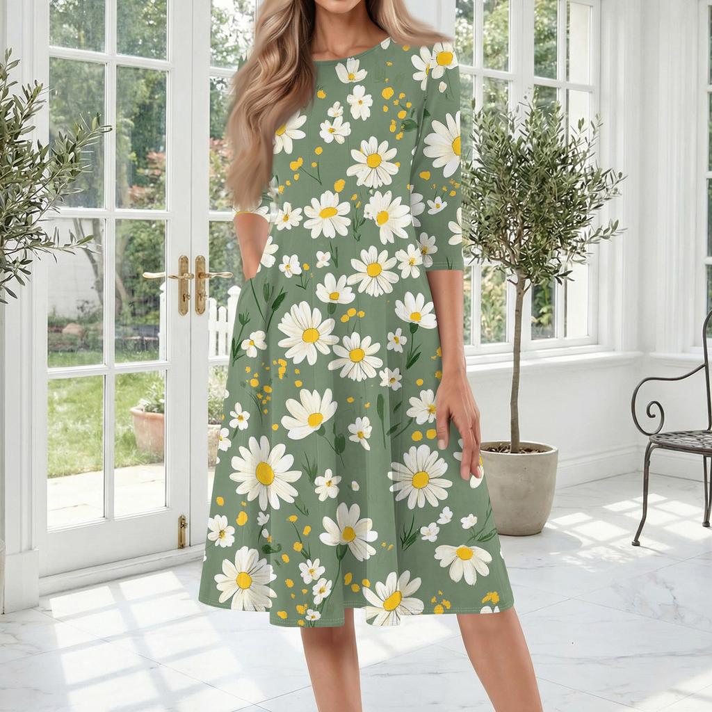 Women's Casual Fashion Round Neck Three Quarter Sleeve Printed Midi Dress