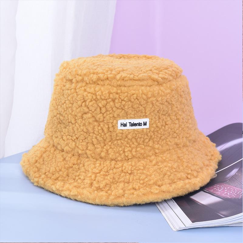 Autumn Winter Fisherman's Hat Embroidered Letter Small Label Pot Hat Fashionable Warm Flat Top Plush Bucket Hat