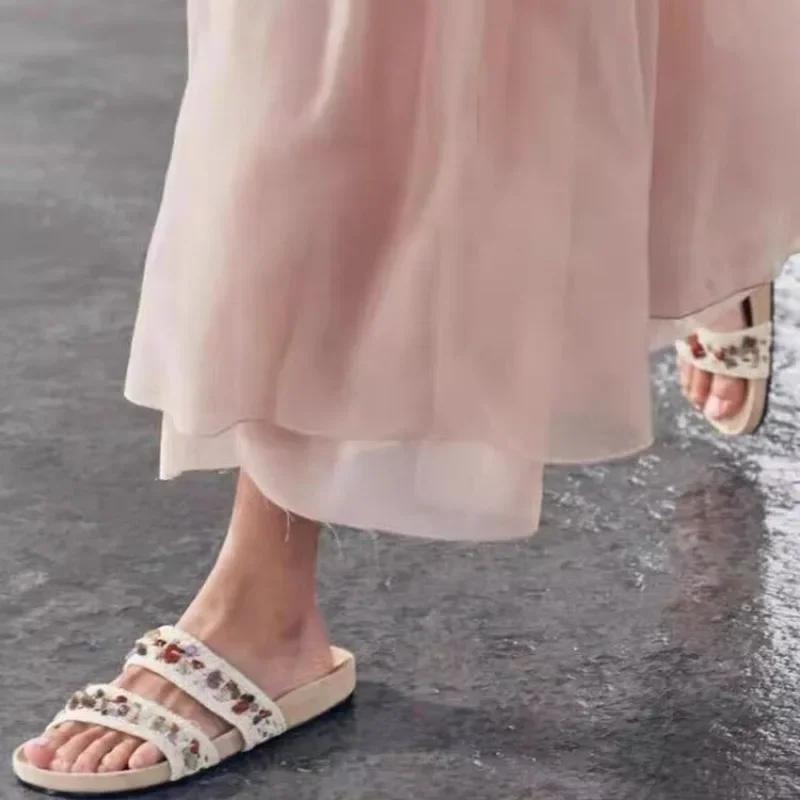 Ladies Shoes 2025 Summer Plus Size Open Toe Luxury Slippers Women Outdoor Casual String Bead Round Toe Women's Flat with Sandals