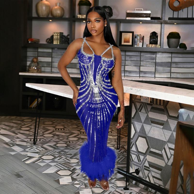 Women's Fashion Sequin Fanny Pack Hip Dress Annual Meeting Host Evening Wool Dress