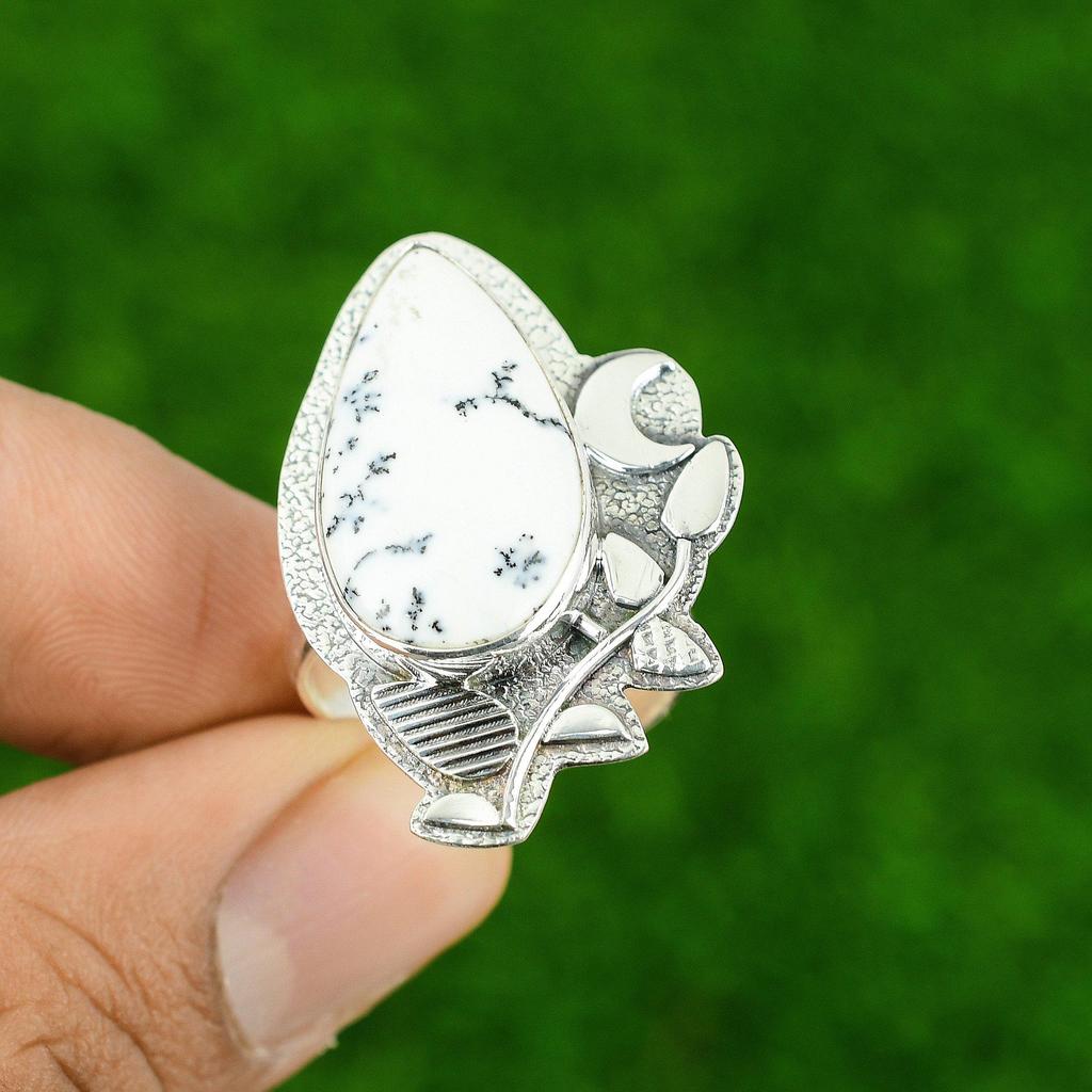 Natural Dendrite Opal New Cescent Moon Statement Mother Ring Jewelry 925 Silver