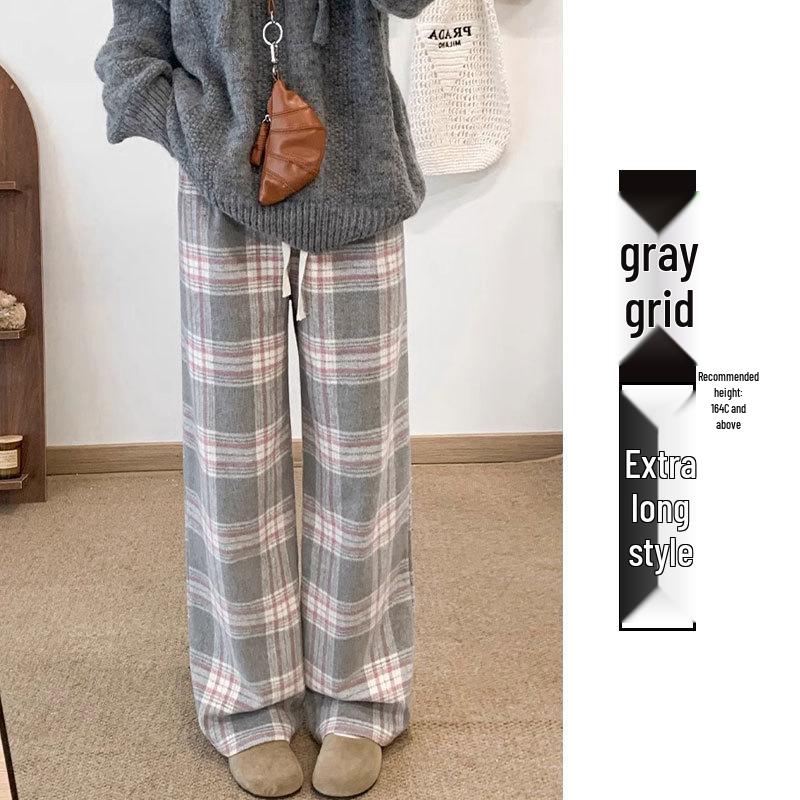Women's High-End Retro Plaid Velvet Pants: Loose, Slimming Straight-Leg, Casual Wide-Leg Long Pants
