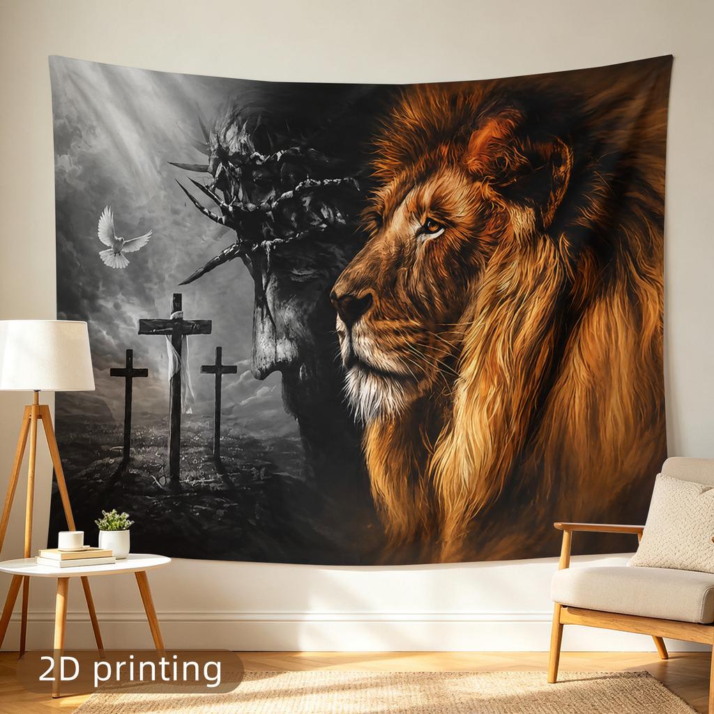 2D Flat - 1pc 2D Printed Tapestry, Large/Small Size, Lion And Crown of Thorns, Aesthetic Wall Decor, Home Decor, Non-Luminous, Suitable for Living Roo