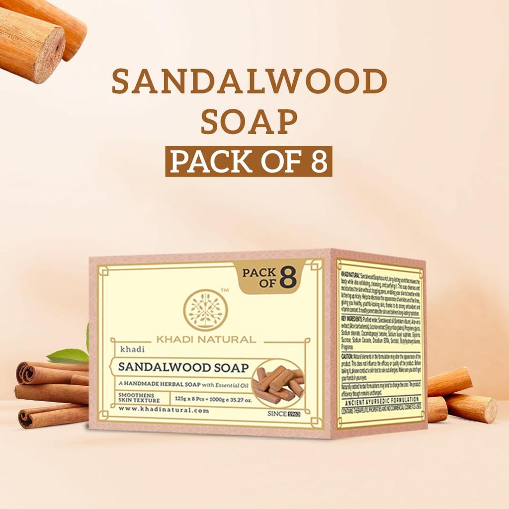 KHADI NATURAL Sandalwood Handmade Bath Soap For Hydrated Skin Gentle Cleansing Bar Suitable For All Skin Types Pack Of 1 (125GX8PCS)