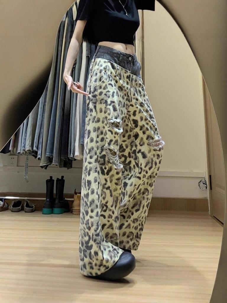 Women's Leopard Print Ripped Wide-Leg Jeans with Double Waistband - Slimming Patchwork Floor-Length for Early Autumn.